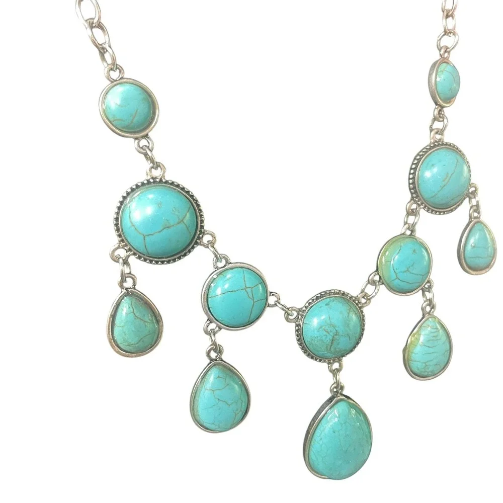 Bib Necklace Womens Turquoise Silver Tone‎ Boho Southwestern Statement